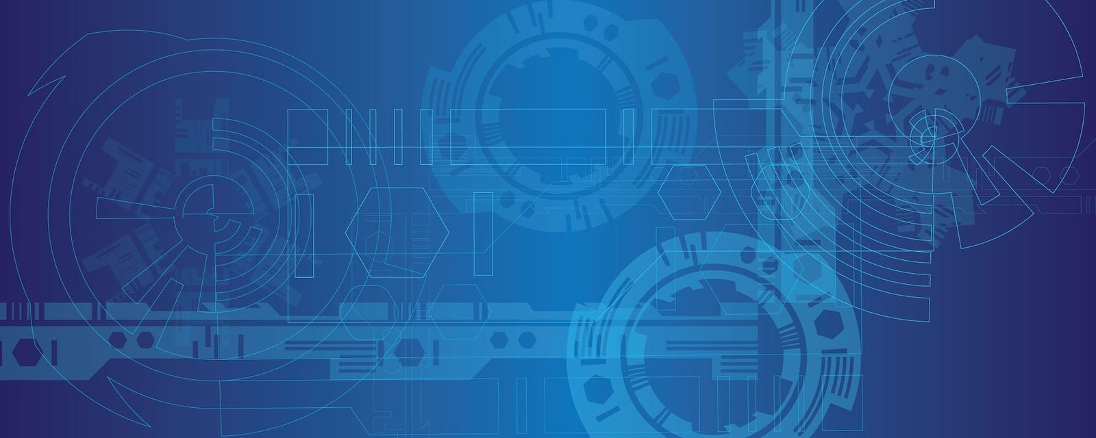 Schéma technique bleu, engrenages et circuits stylisés